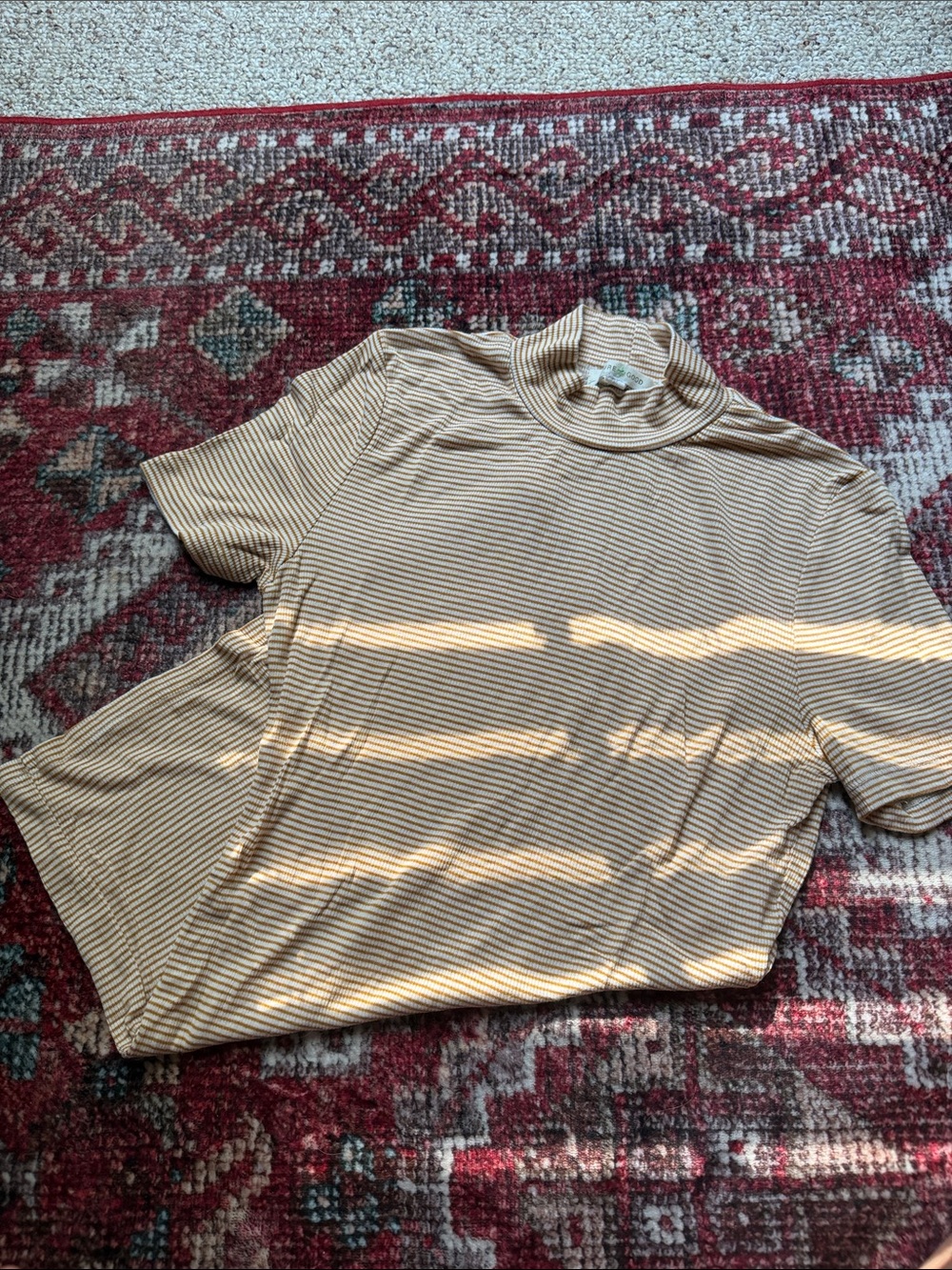 Anthropologie Cream & Brown Striped Short-Sleeve Mock Neck Top